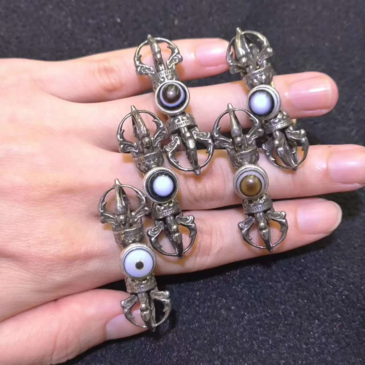 

1pcs/lot Natural One Eye Dzi Sheep Plate Bead Ring S925 sterling silver inlay Vajra size adjustable folk-custom Men's and Women'