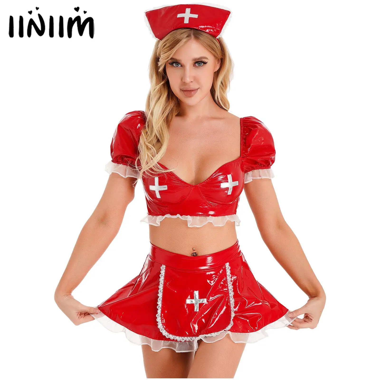 

Женская лакированная кожа, одежда для ролевых игр медсестры, женский костюм, короткий топ с пышными рукавами и оборками, мини-юбка, шляпа