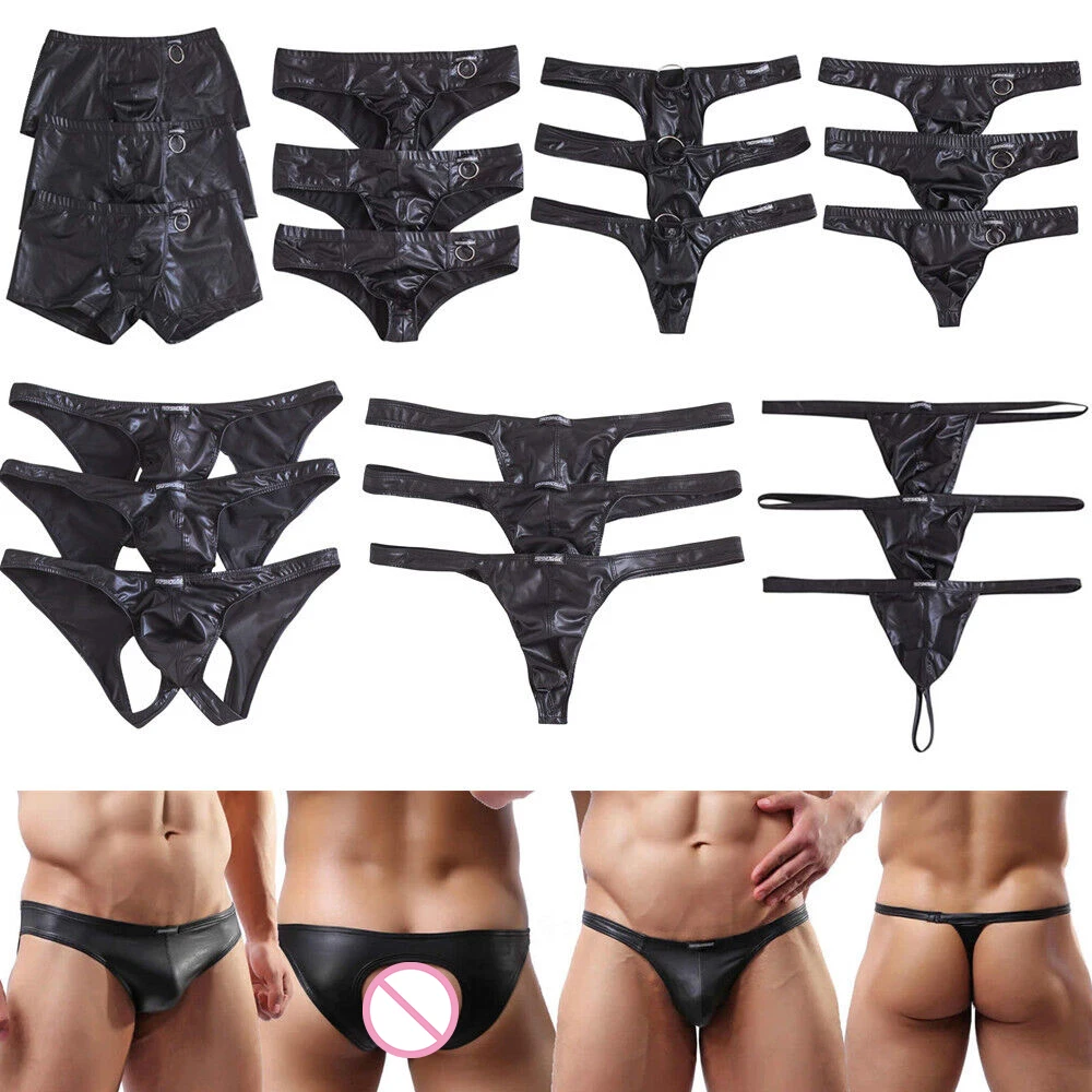 

3PCS/Lot Sexy Leather Briefs Men Triangle Briefs Wet Look Low Rise Thongs Bulge Underwear Lingerie Male Underpants Calzoncillos