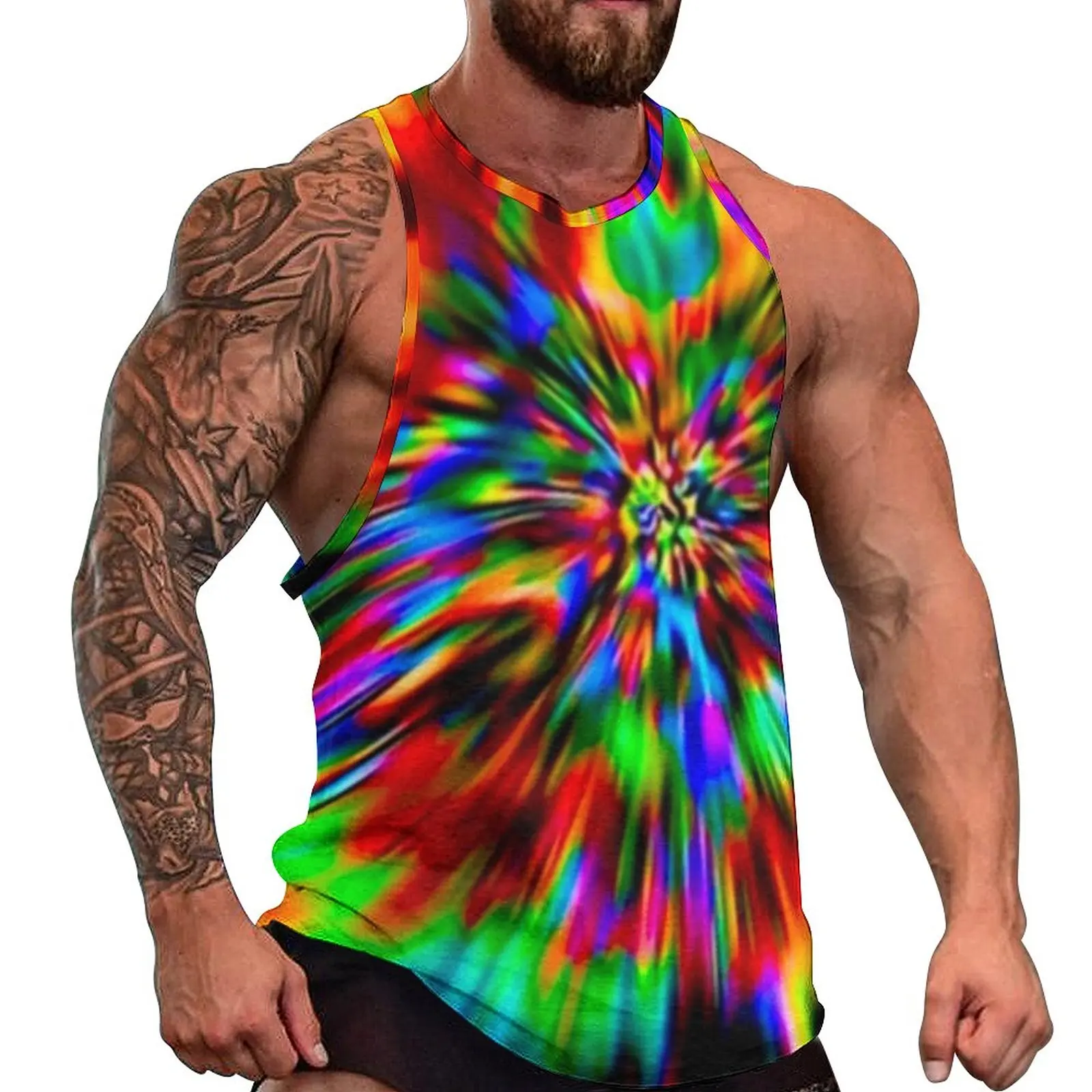 

Rainbow Psychedelic Tank Top Men Tie-Dye Pattern Training Oversized Tops Beach Muscle Design Sleeveless Shirts