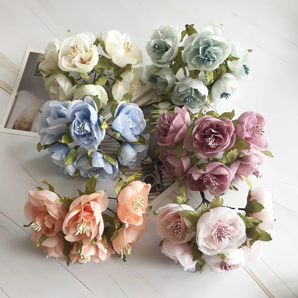 

European retro rayon tea rose flower bud bouquet wedding home retro fake flower party DIY decoration flower pots decorative