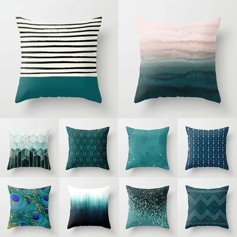 

Teal Blue Pillowcase 45*45cm Geometry Cushion Cover Polyester Sofa Cushions Decorative Throw Pillows Home Decor Pillowcover
