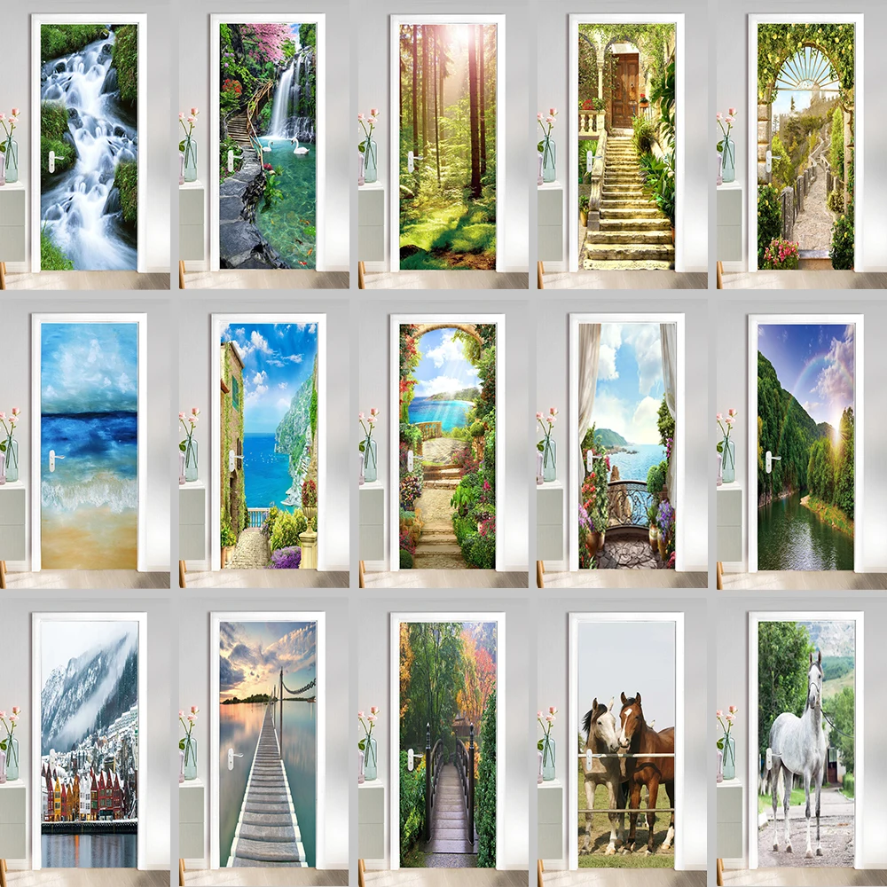 

29 Styles New Deisgn Door Mural Sticker Self Adhesive Door Wrap Cover Horse Forest Bridge 3D Poster for Fridge Elevator Cabinet