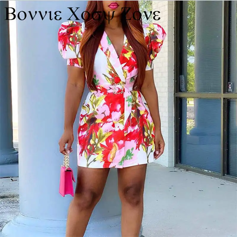 

Dress For Women 2022 Puff Sleeve Floral Print Blazer Dress With Belt Mini Party Dresses