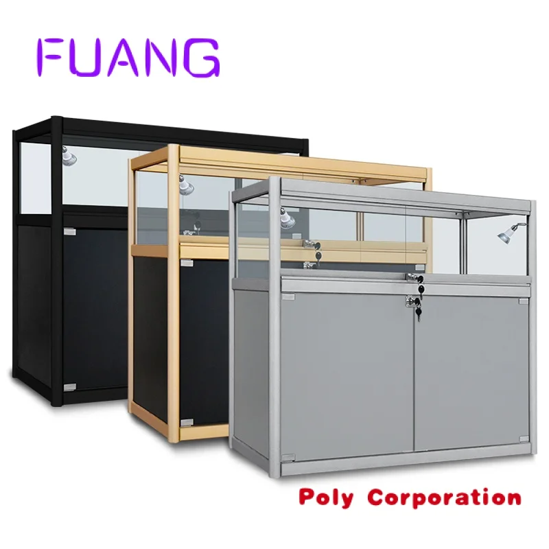 Wholesale Titanium Alloy Frame Glass Jewelry Display Showcase Cabinet with Led Light