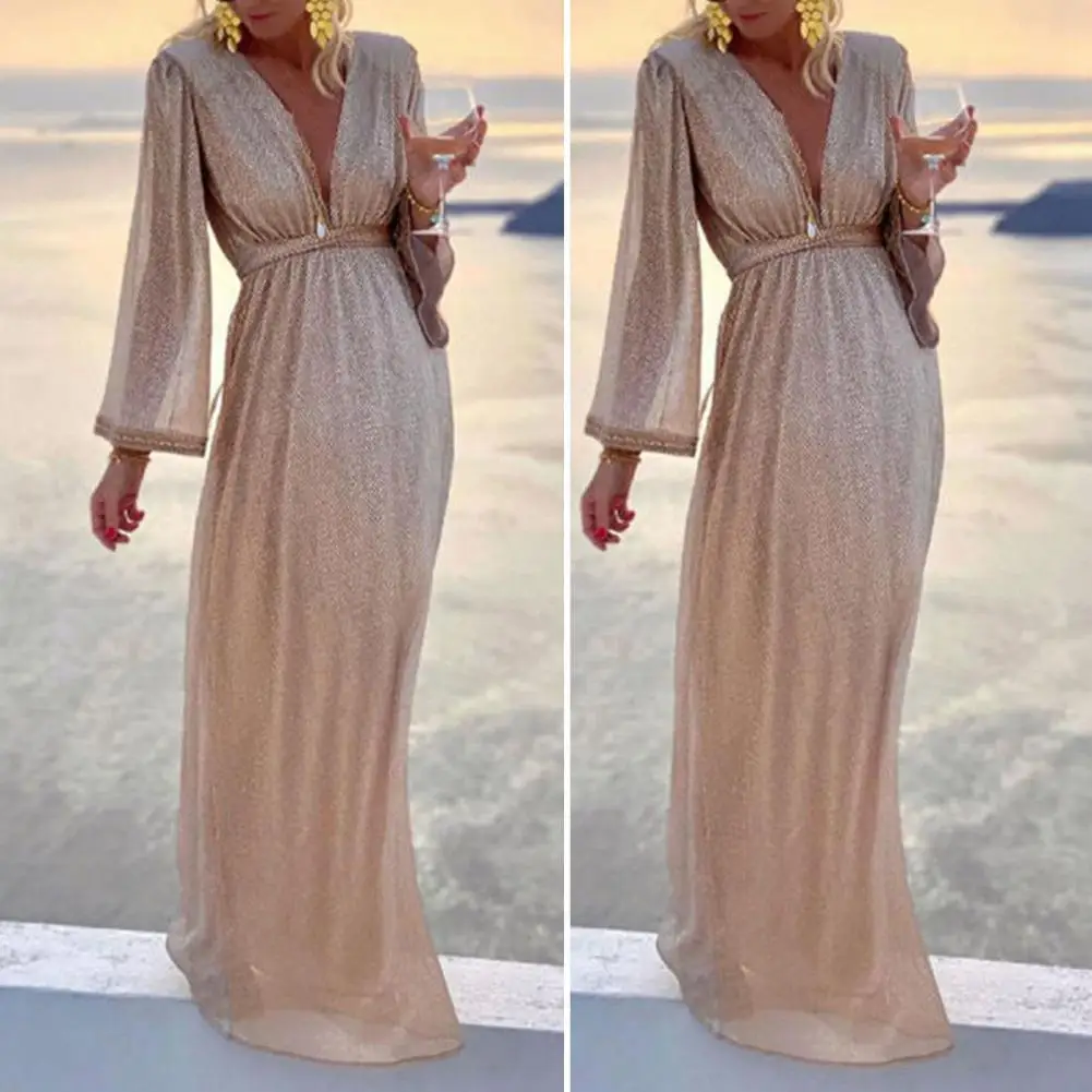 

Gown Dress Stylish Lady Sequins Mesh Party Maxi Dress Thin Evening Dress