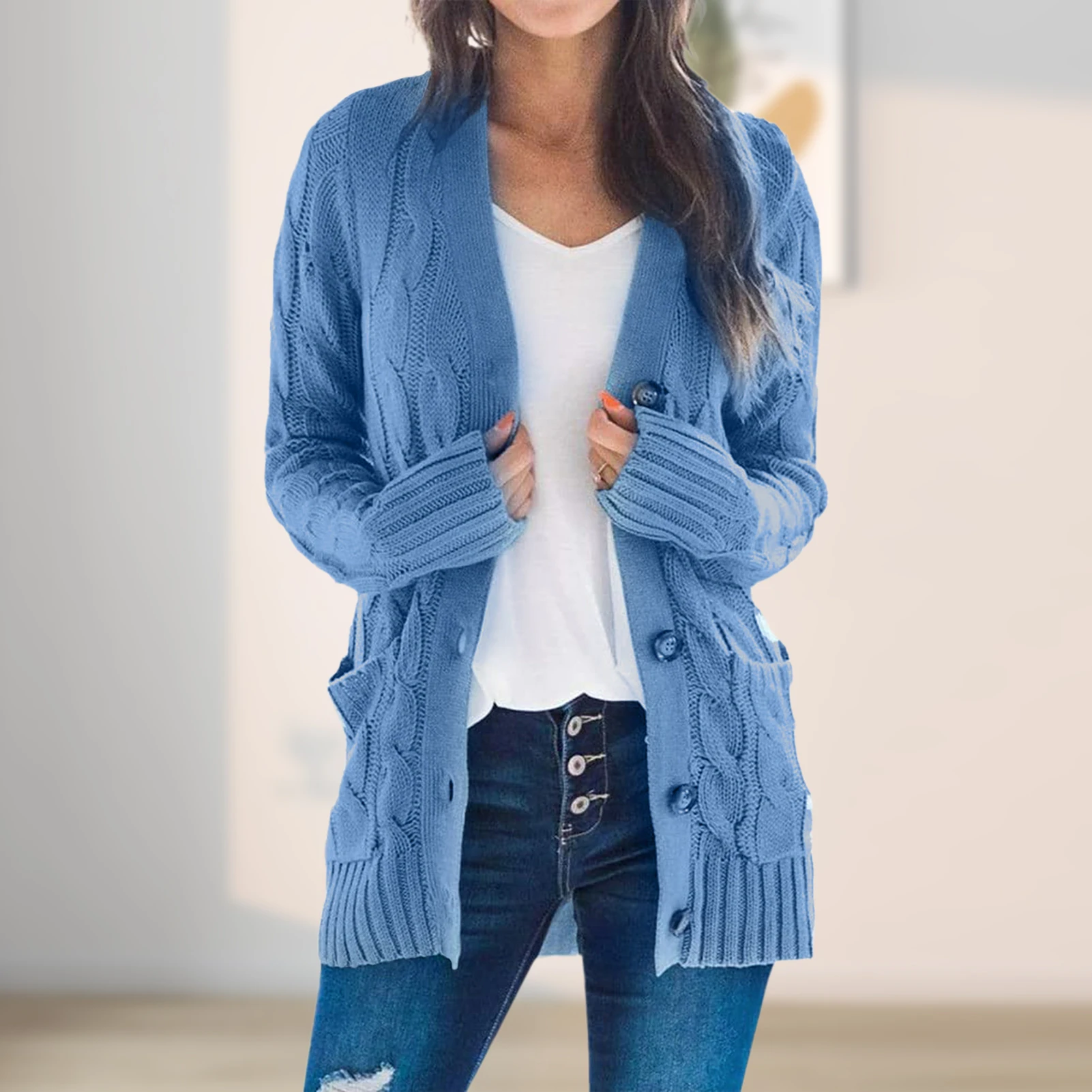 

Autumn Winter Women Fashion Cardigan Coat Solid Single Breasted Basic Crochet Sweater Long Sleeve Warm with Pocket Vacation Top