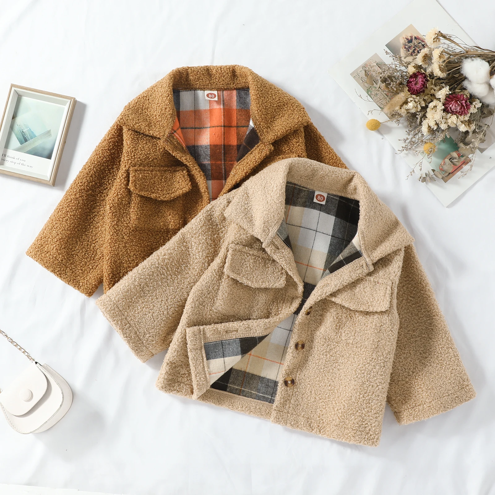 

Kids Boys Wools Jacket Lapel Long Sleeve Fur Plaid Long Sleeve Single Breasted Double-sided Coat Winter Jacket Baby Clothes