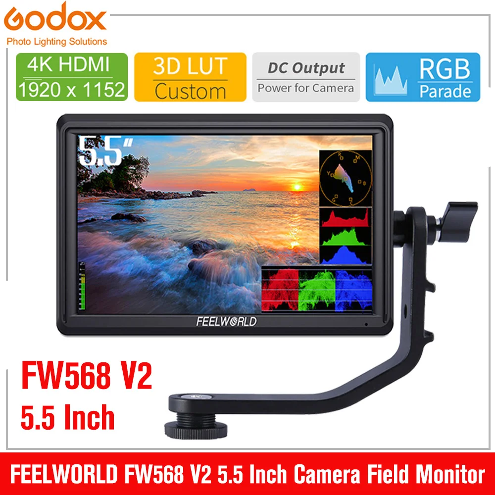 

FEELWORLD FW568 V2 5.5 Inch 3D LUT DSLR Camera Field Monitor IPS Full HD1920x1152 With Tilt Arm for Gimbal