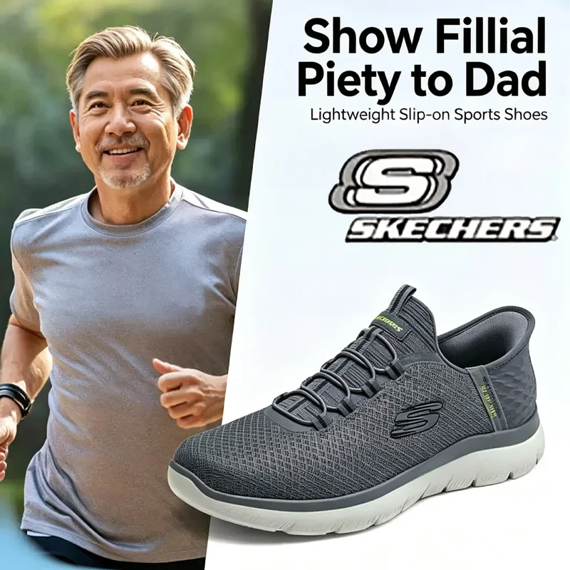 Фото Мужская обувь Skechers, новая летняя дышащая повседневная обувь без шнуровки с сетчатым верхом, оригинальная обувь на мягкой подошве для пожилых людей 52811-CHAR №1