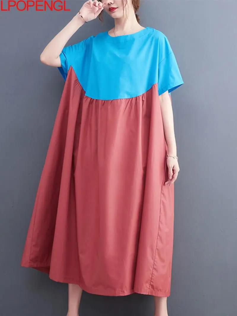 

Contrasting Colors Dress Fashion Casual O-neck Pullover Long Loose Patchwork Folds Simple New Arrival Women Batwing Sleeve Dress