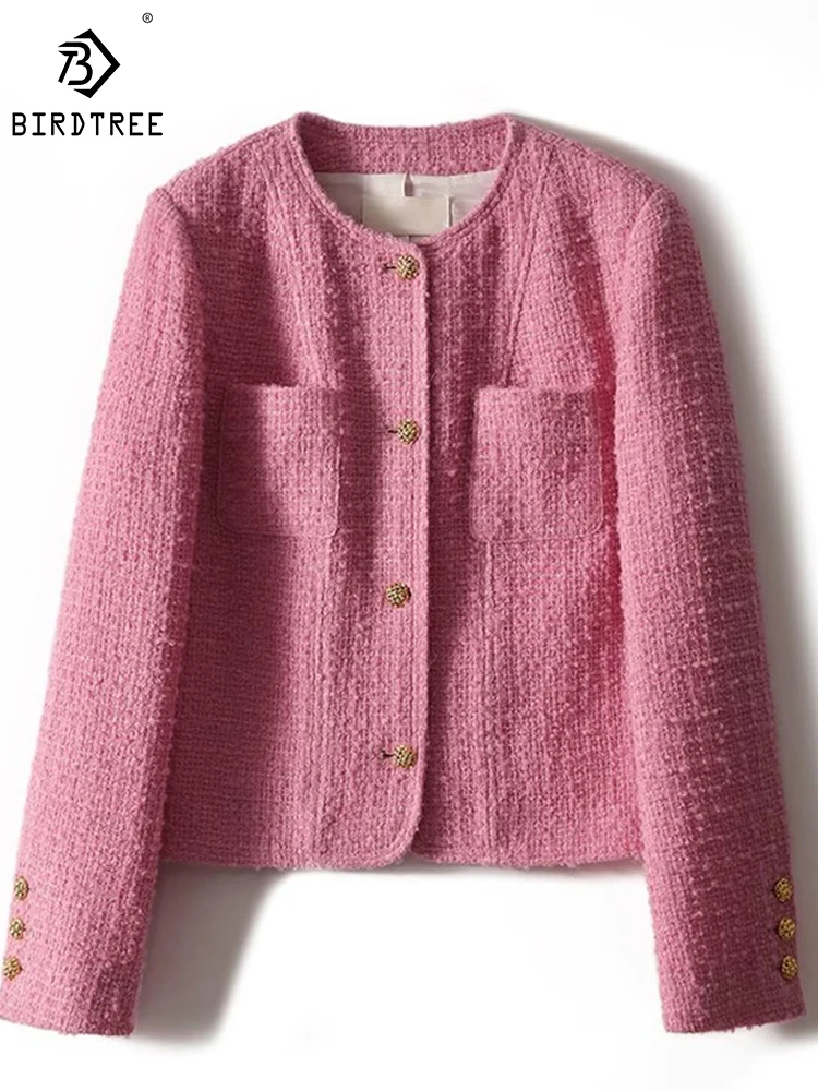 

Birdtree 57.1% Sheep Wool Tweed Coat Round Neck Rose Pink Single-breasted Temperament Fashion Loose Short Coats Women C39848QD
