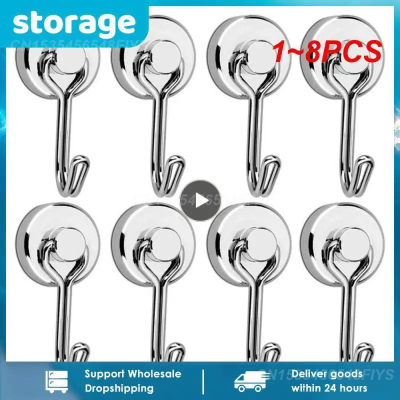 

1~8PCS Strong Neodymium Magnetic Hook Nail-free Iron-absorbing Magnetic Hook Heavy Duty Hook Home Storage Kitchen Organization
