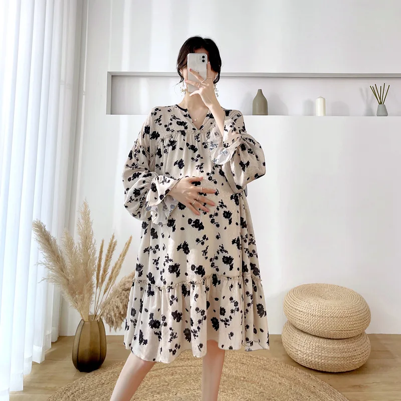 

Maternity 2022 Spring Autumn Craft Dark Flower Satin Print Dress Long Sleeve Commuter A-line Skirt