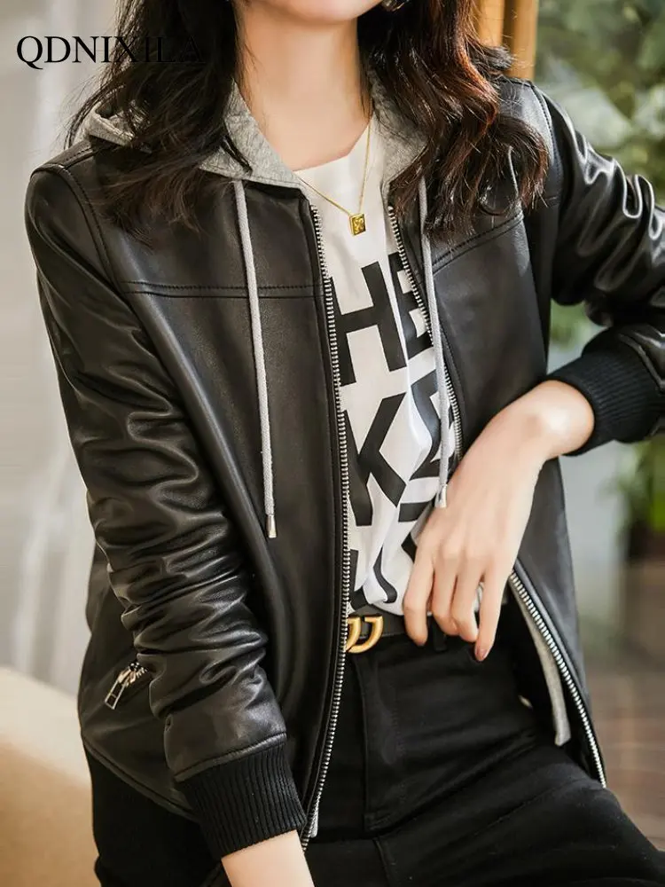 Women's Leather Jacket 2023 Spring Jacket Women New Outerwear  Korean Fashion Fake Two-piece Hooded Thickening Female Jacket