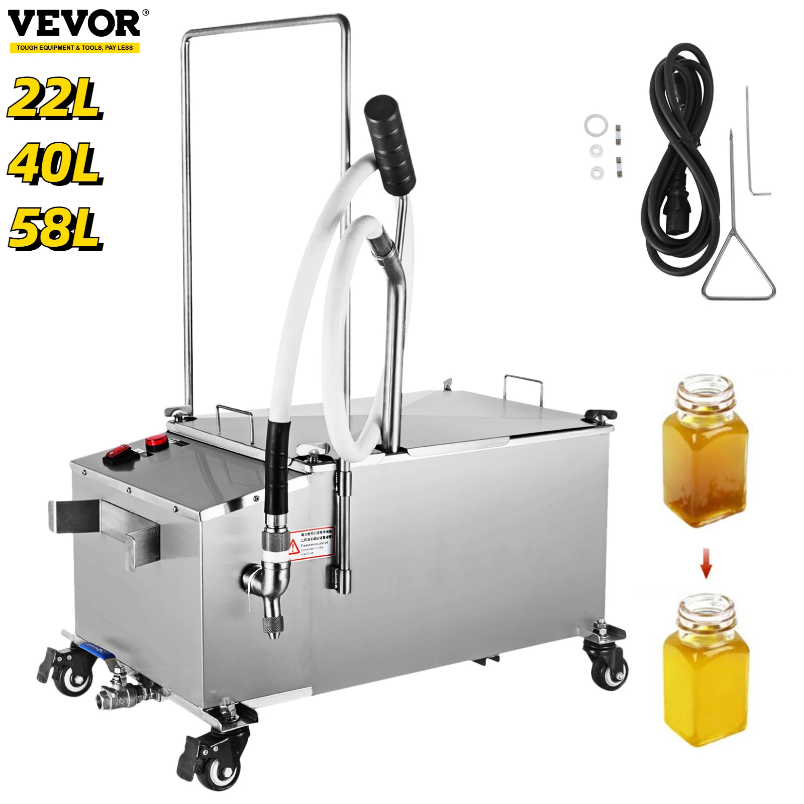 

VEVOR 300W Mobile Fryer Oil Filter Machine Commercial 22/40/58L Stainless Steel Restaurant Electric Frying Oil Filtration System