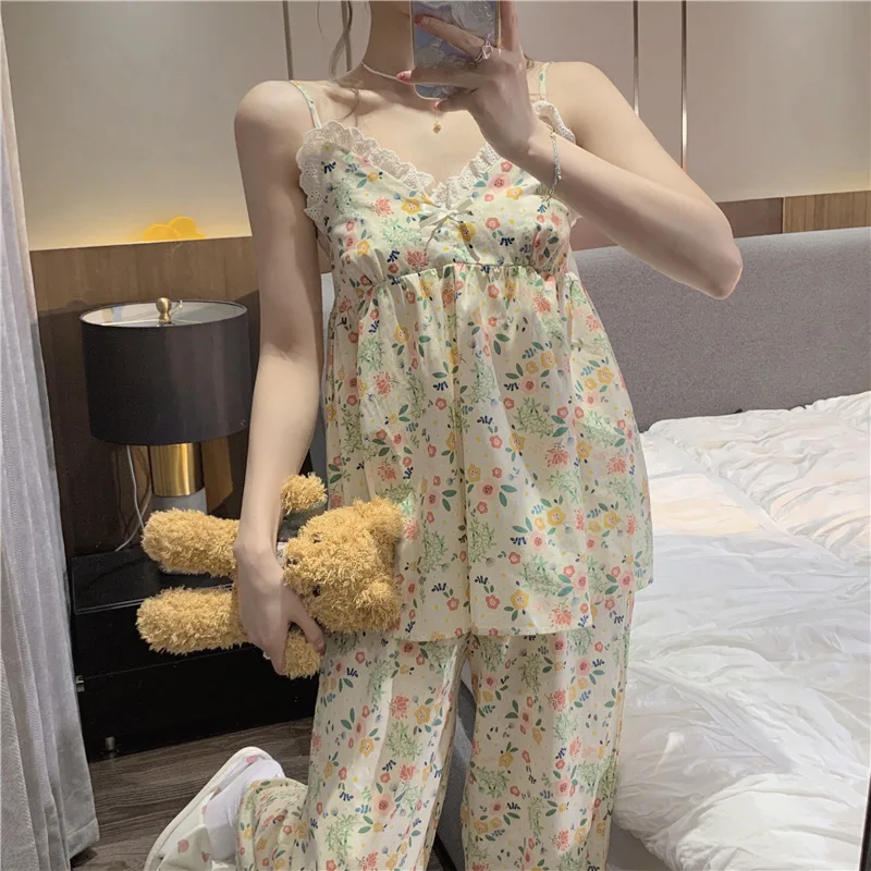 Fashion New Pure Desire Floral Lace Pajamas Women V-neck Suspenders Trousers Two-piece Home Service