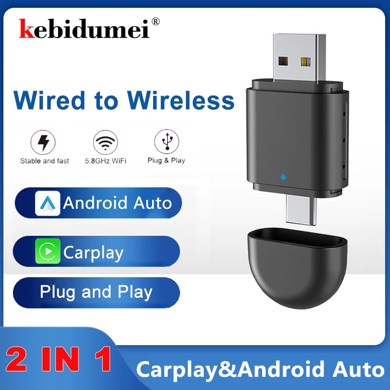 Kebidumei 2in1 Wireless CarPlay и Android Auto Беспроводной адаптер Smart USB-ключ USB Type-C Двойной разъем