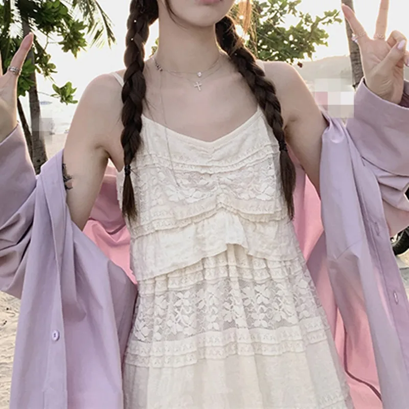 

Romantic lace slip dress women's spring and summer tea break French temperament design sense ruffle long