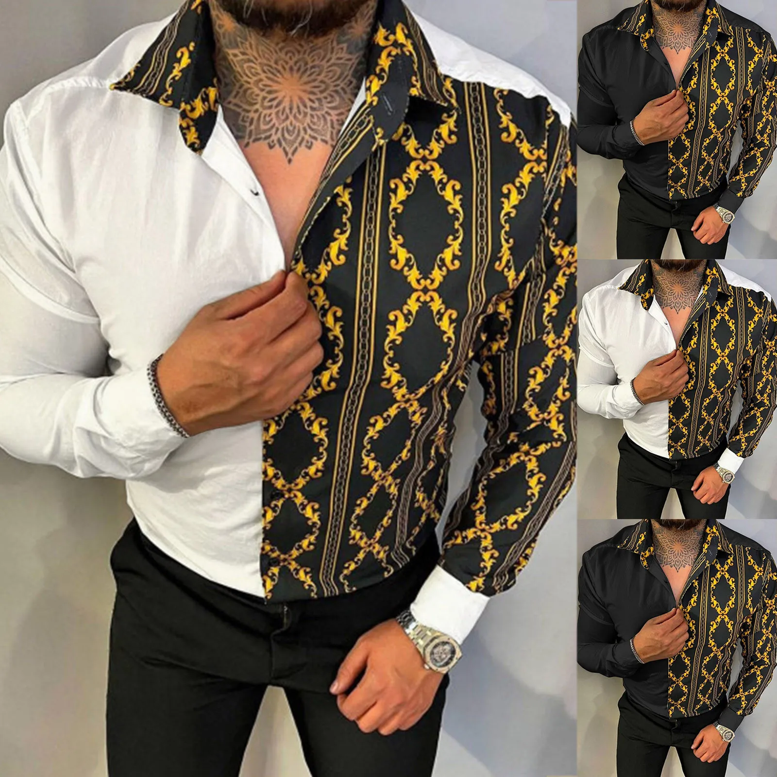 

White Long Sleeve under Shirt Men Fashion Casual Top Shirts Digital Printing Button Top Blouse A Shirts for Men Pack Aqua 4