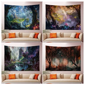 Fantasy World Forest Scenery Anime Tapestry Hippie Flower Wall Carpets Dorm Decor Art Home Decor