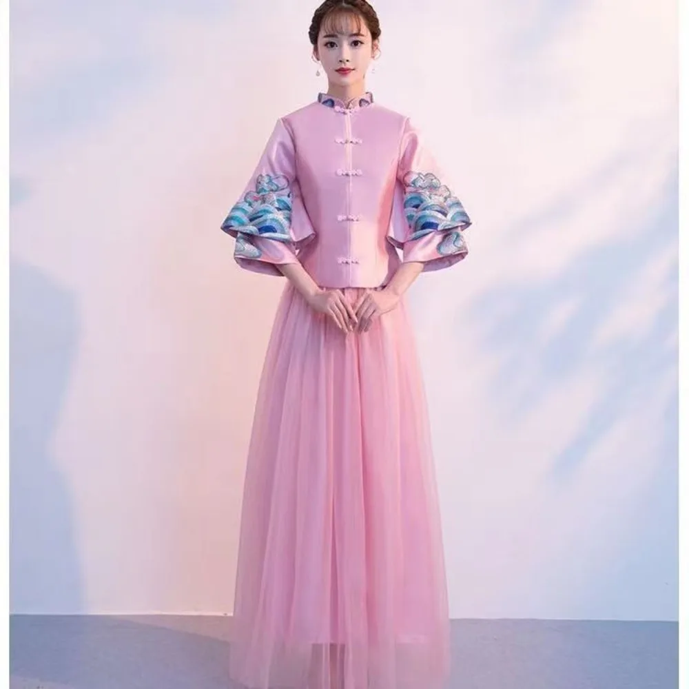 Женское вышитое платье в китайском стиле с длинным рукавом и воротником-стойкой