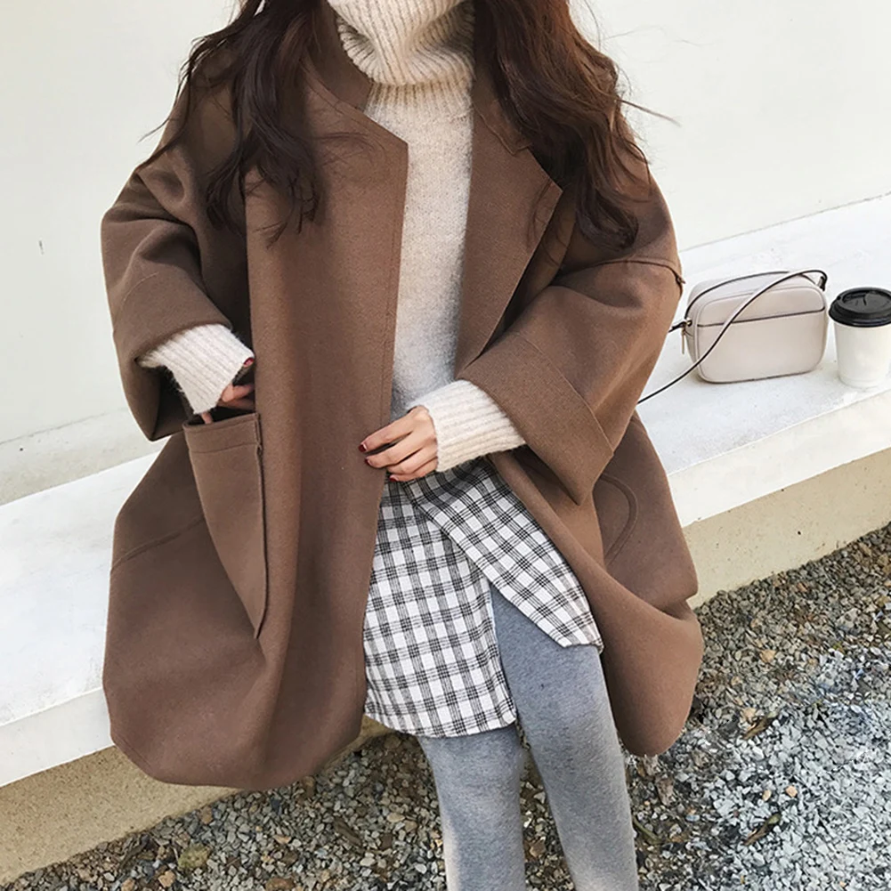 

2019 New Korean Overcoat Fashion Autumn Women Long-Sleeves Solid Pocket Thick Loose Women Outdoor Activities Casual Wool Coats