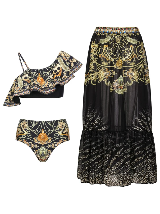 

Vintage Gold Print Black Mystery Court One Shoulder Peplum Two-piece Style High Waisted Sexy Women's Bikini And Cover Up Women