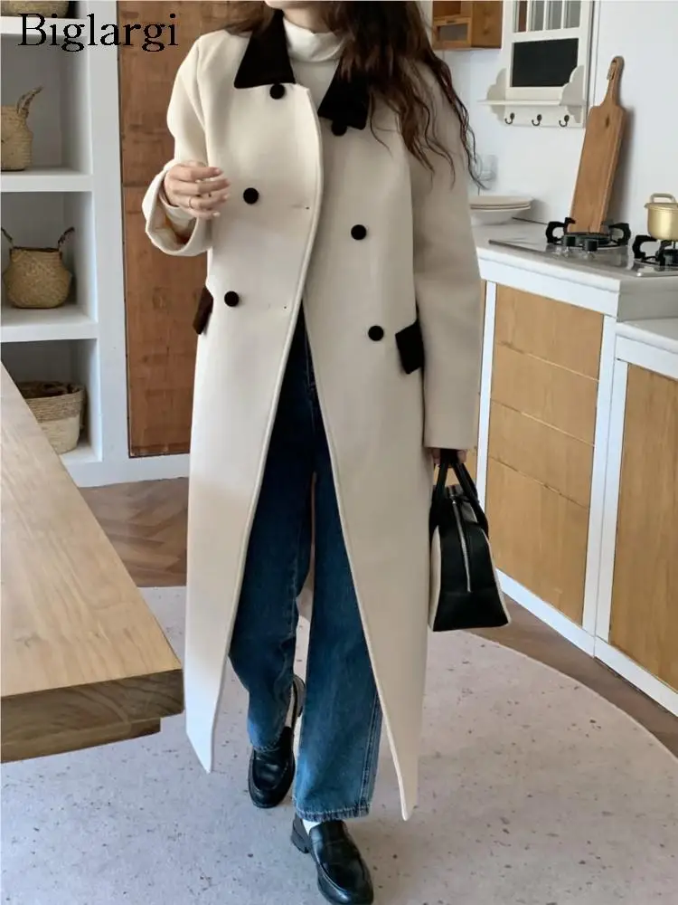 

Женское длинное шерстяное пальто, корейская мода, винтажные Дамские куртки с длинным рукавом, Свободные повседневные женские куртки, пальто, Осень-зима 2023