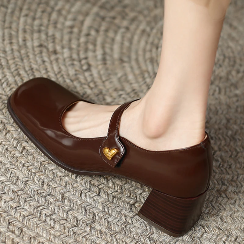 

туфли женские на каблуке полуботинки женские лодочки на Женские туфли мэри джейн в стиле ретро, Осенние однотонные кожаные туфли с квадратным носком, туфли-лодочки на высоком каблуке с закрытым носком, женские туфли