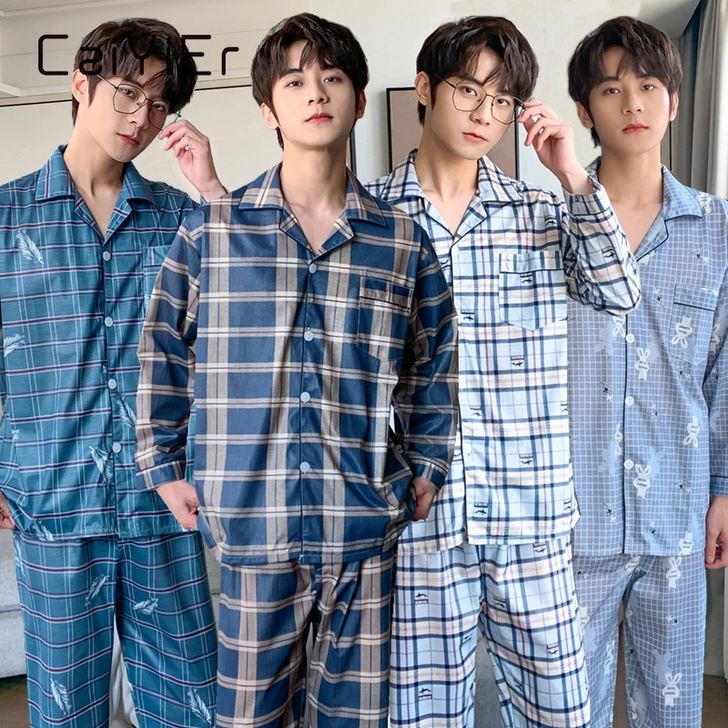 

CAIYIER Striped Men Sleepwear Long Sleeve Cardigan Long Pants Nightwear Male Pyjama Autumn Winter Loounge Wear Plus Size 2XL-4XL