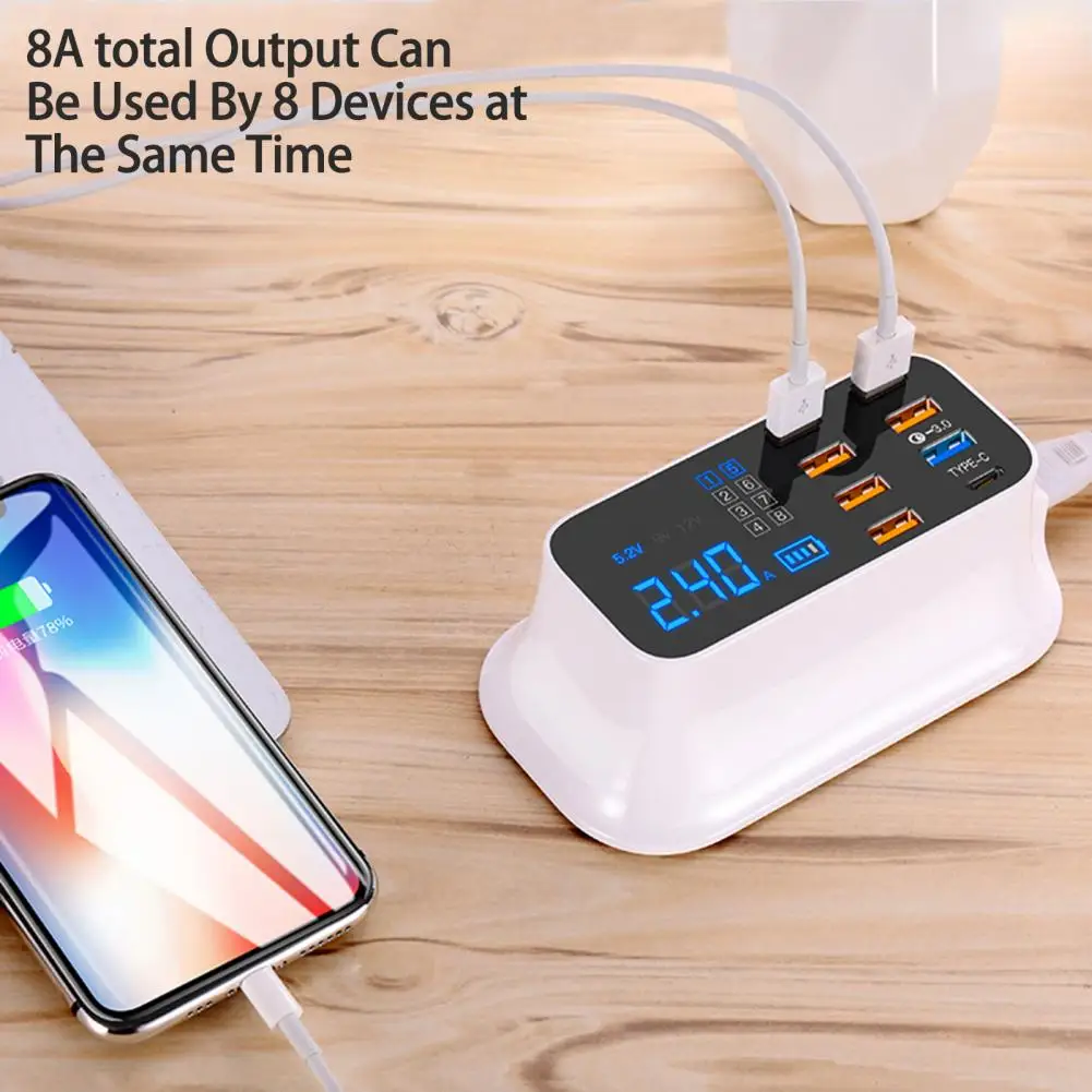 

Universal Charger Adapter Current Can Be Seen 40W 8 Ports Overcharge Protection PD Charger 5V2.4A Charger for Home