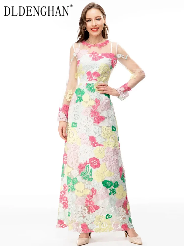 

DLDENGHAN весенне-летнее женское Сетчатое Макси-Платье с круглым вырезом и длинным рукавом с цветочной вышивкой Элегантные женские платья модные дизайнерские новые