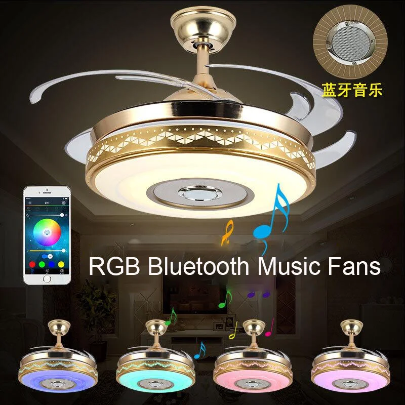 

Led Ceiling Fan Pendant Lamp Light Art Chandelier Music Bluetooth Remote Control APP RGB Color 110V 220V Invisible 42 Inch Gold