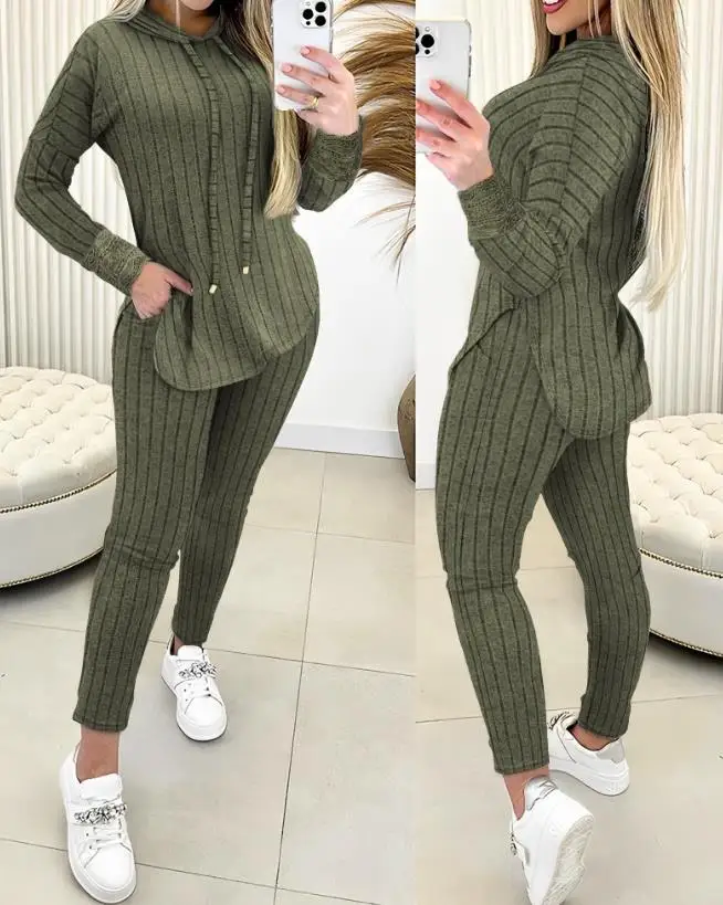 

Womens Two Piece Sets Outfit Lace Patch Ribbed Hooded Top & Pocket Design Pants Set 2023 Autumn Winter Spring Fashion Casual