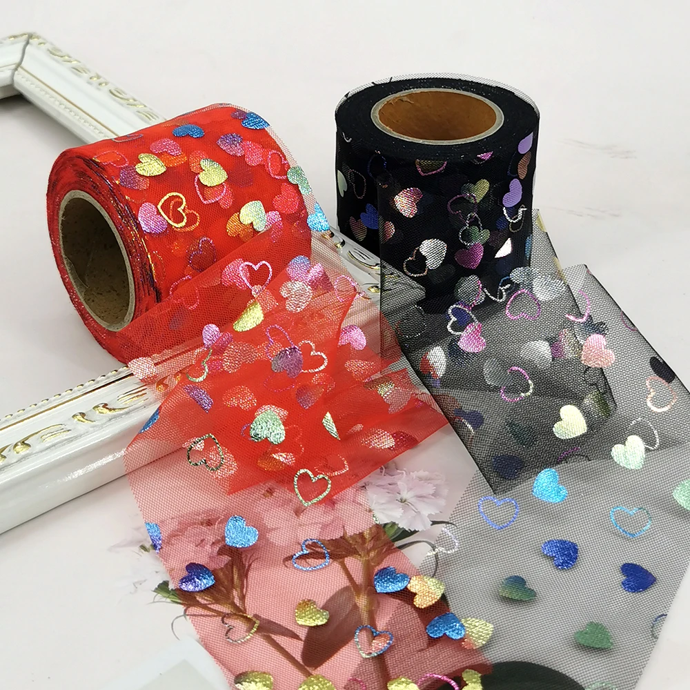 6cm 5yards Soft Tulle Ribbon Heart Patern Mesh Tape DIY Handmade Bow Hair Ornament Valentine Gift Wrapping Birthday Party Favor