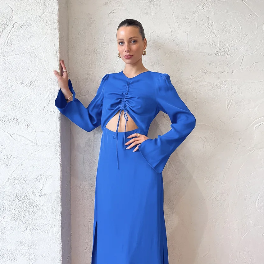 

Women's Sexy Open Button Split Lace Fold Knitted Blue Long Dress, Luxury Party Evening Dress, Fashion Flare Sleeves, New, 2023