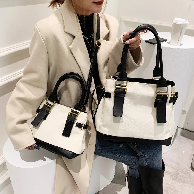 

High-capacity Fashion Canvas Handbag Simple Color Contrast Single Shoulder Messenger Bags Commuter Versatile Tote Crossbody Bag