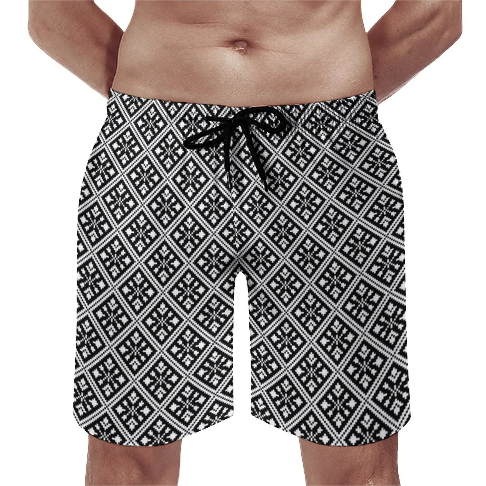 

Board Shorts Black And White Nordic Lines Casual Swim Trunks Christmas Snowflakes Fast Dry Sports Hot Plus Size Beach Shorts