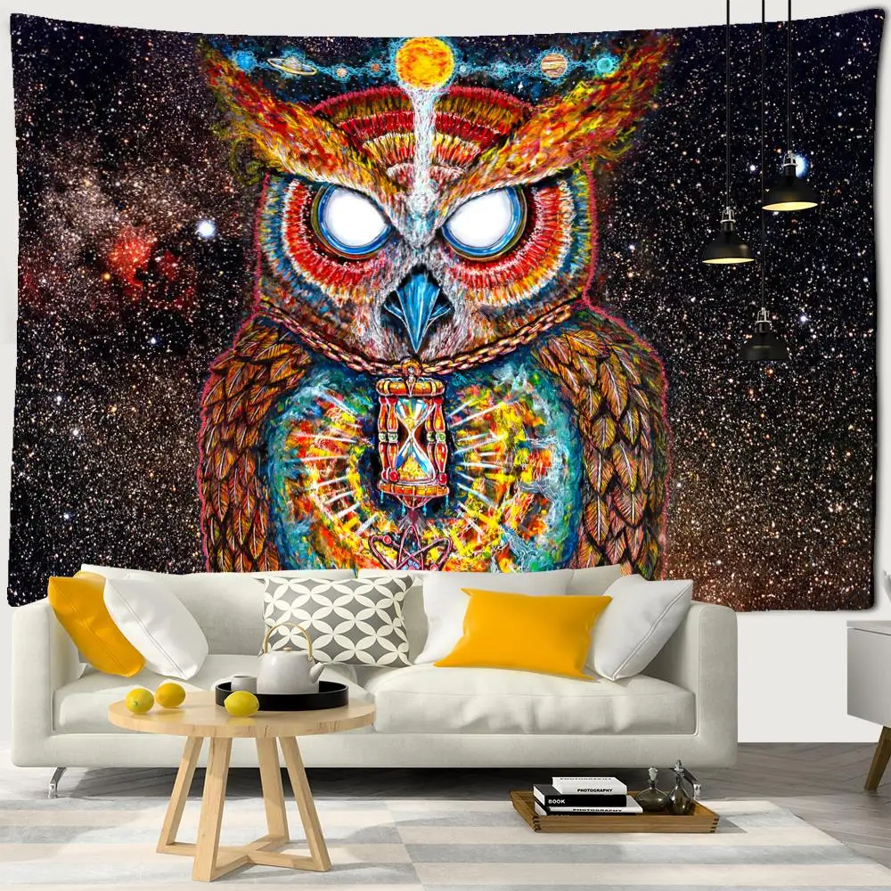 

TAPIZ de búho psicodélico colorido para colgar en la pared, arte bohemio Hippie, TAPIZ de ciencia ficción, brujería, decoración