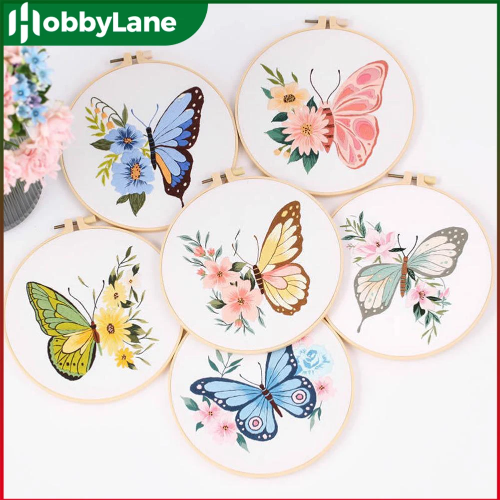 

Butterfly Pattern Embroidery Starter Kit For Beginners Diy Material With Pattern Embroidery Hoop Threads Needles Cross Stitch