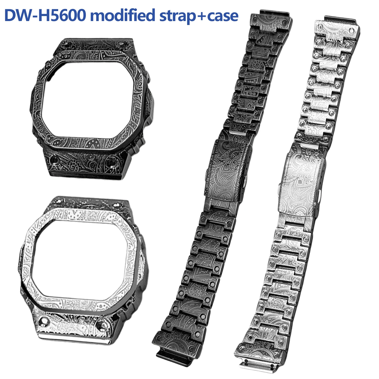 Фото Металлический ремешок и корпус для часов DW-H5600 для мужчин, модифицированный корпус из нержавеющей стали с гравировкой в виде цветов, комплект: безель + ремешок для Casio DW-H5600 №2