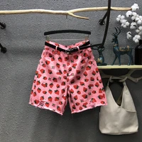 strawberry printed jean shorts loose straight wide leg shorts womens high waisted denim shorts