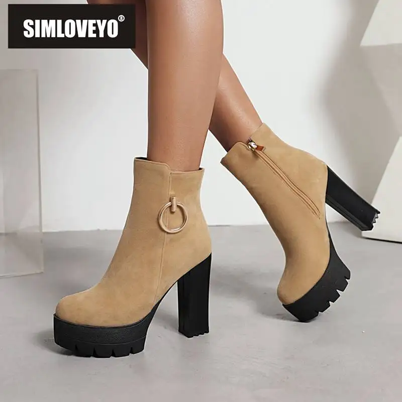 

SIMLOVEYO Brand Shoes Woman Ankle Boots 12.5cm Flock Suede Block High Heels 12cm Platform 4cm Metal Decoration Size 43 Classic