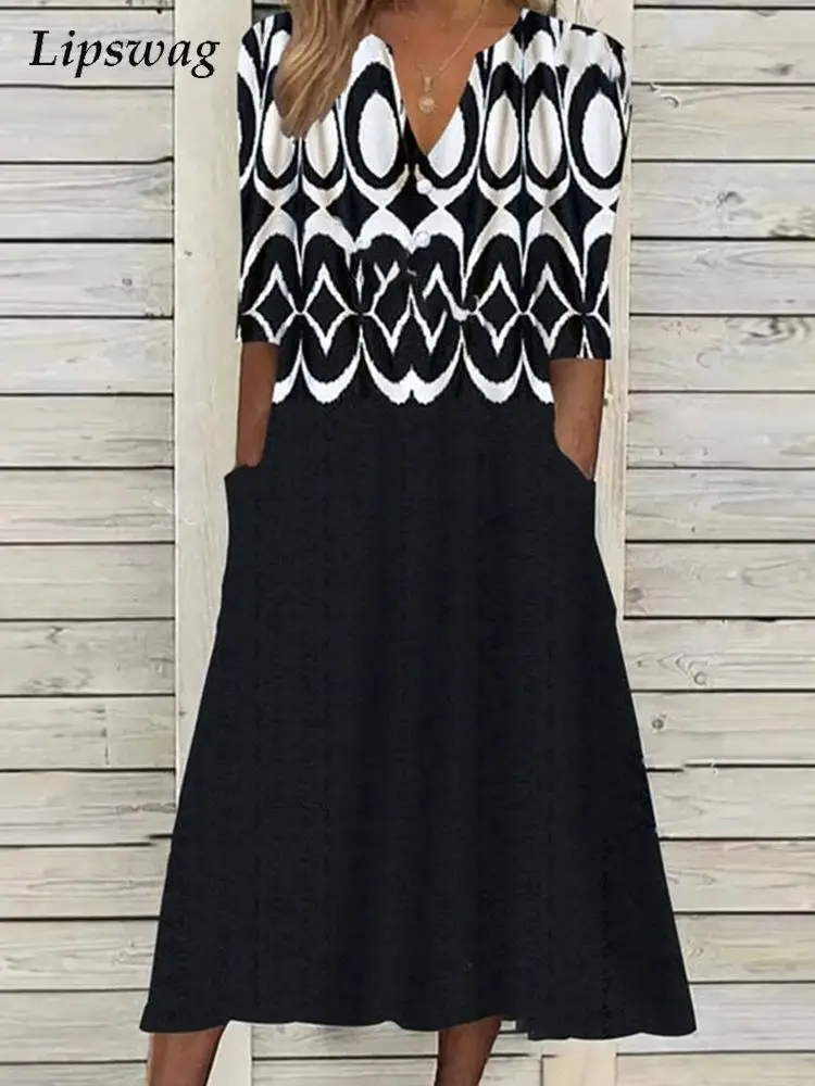 

2022 Summer Elegant Pattern Print Beach Dress Casual V-Neck A-Line Dress Office Lady Spring Vintage Short Sleeve Dress Vestido