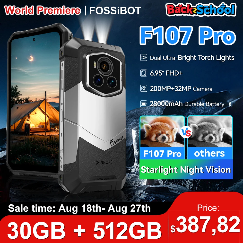 Фото Прочный мобильный телефон Fossibot F107 Pro 30 (12+18)Go+512Go Android 15 28000 мАч 66 Вт 200 МП + 32 МП 5G NFC/GPS Двойные яркие фонарики №1