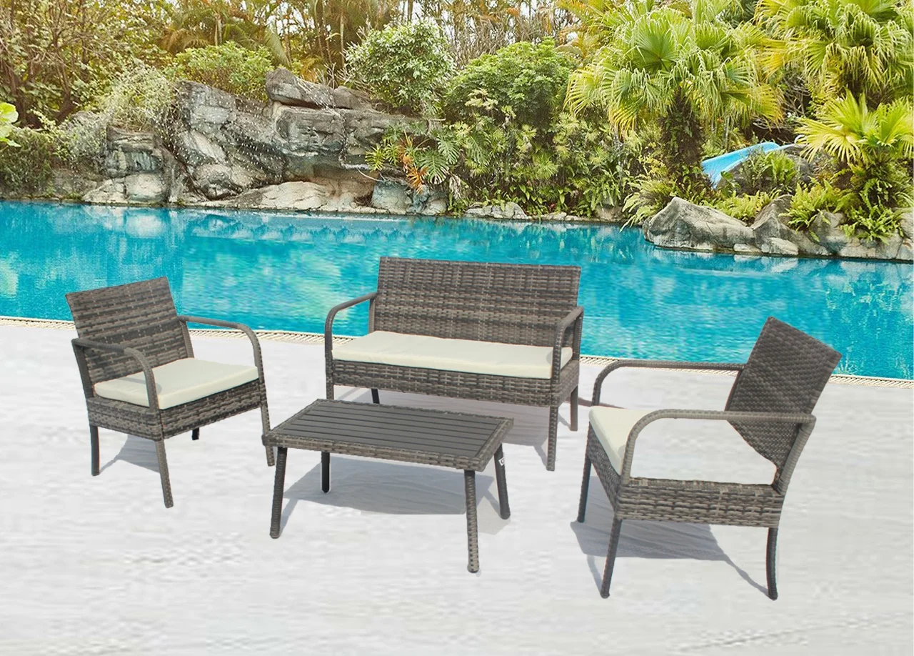 

4-piece Outdoor Backyard Patio Rattan Sofa Set, All-weather PE Wicker Sectional Furniture Set with Retractable Table