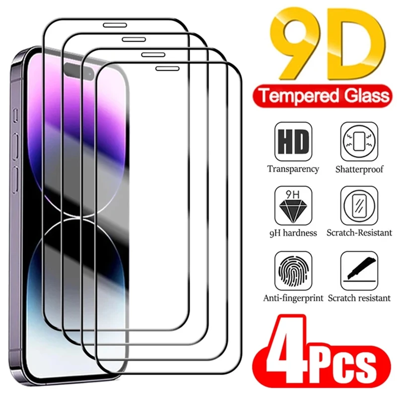 

4PCS 9D Full Cover Screen Protector for iPhone 14 13 12 11 Pro Max Mini Tempered Glass for IPhone X XR XS MAX 7 8 6S 14 Plus SE