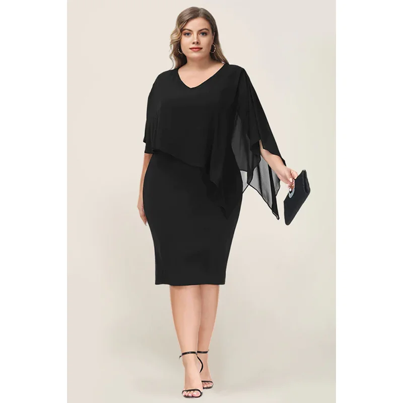 Plus Size Round Neck Short Sleeve Black Lace Chiffon Elegant 4XL5XL Package Hip Dress Plus Size Summer Loose Casual  Dresses
