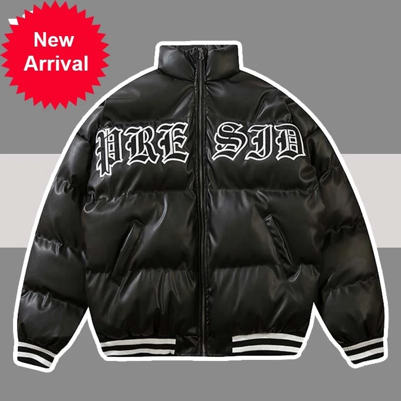 Parkas Winter Padded Leather Men Letter Embroidery Thicken Warm Jackets Women Oversized Hip Hop Harajuku Bomber Punk Jackets New